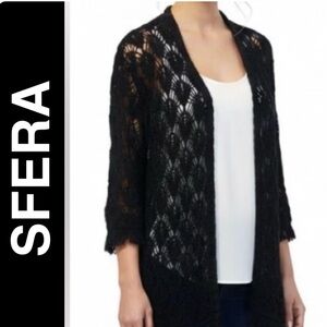 Sfera Black Open-Knit Crochet Boho Edgy  Short Sleeve Peasant Cardigan Size L/XL